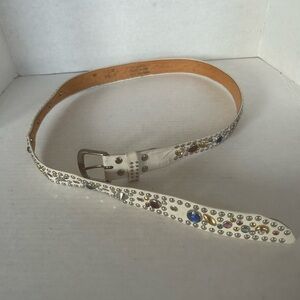 Studded & Rhinestones White Leather Belt 37 inch waist